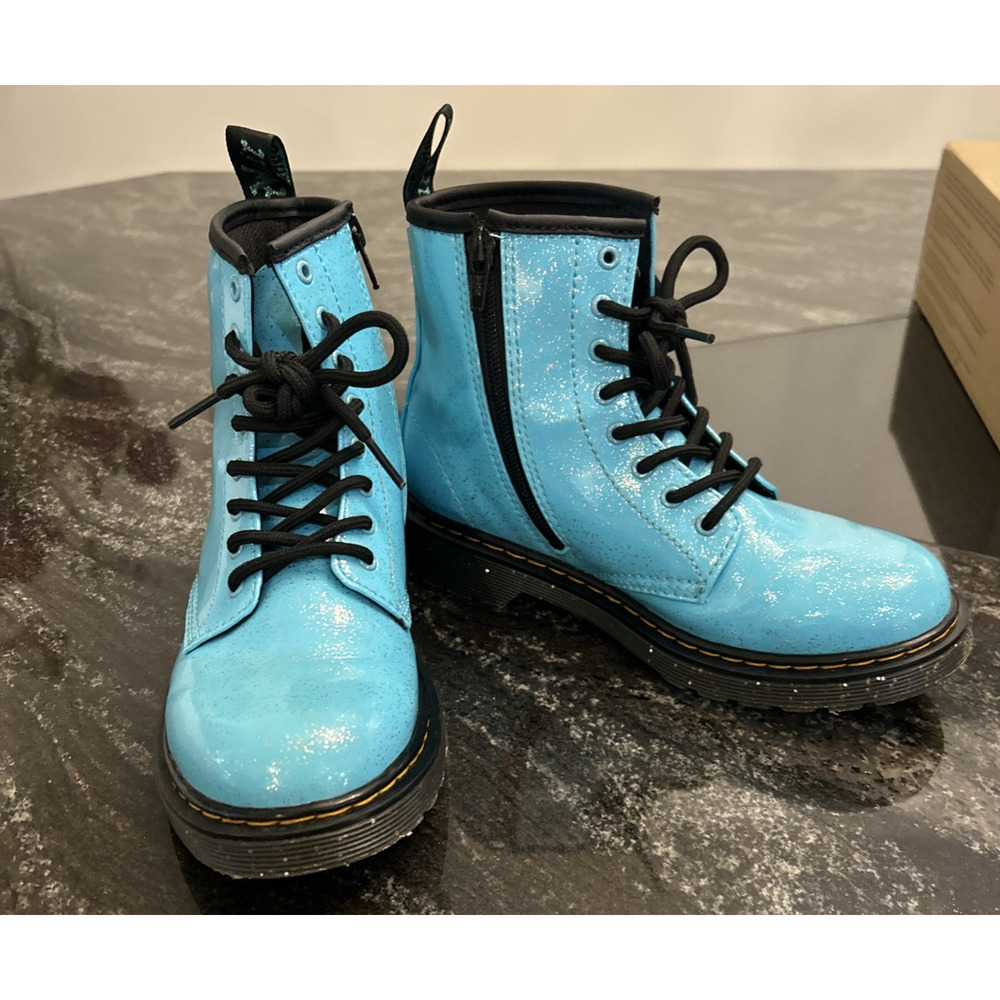 Dr. Doc Martens 1460 J Patent Turquoise Blue Girls Size 4 Combat Boots - Picture 12 of 15